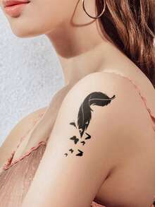 1pc Black Feather Lip Print Heart English Pattern Party Gift Holiday Gift DIY Music Festival Temporary Tattoo Sticker For Arm Shoulder Neck Collarbone Waterproof Body Skin Tattoo - Black - View 3