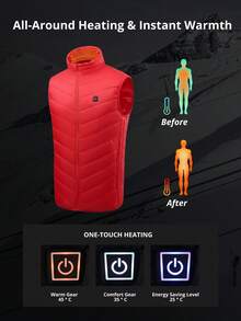 CAMEL CROWN Unisex USB Heated Vest 3 Heating Zones Adjustable Temperature Thermal Sleeveless Waistcoat Outdoor Warm Heating Vest Power Bank Not Included - Red - View 6