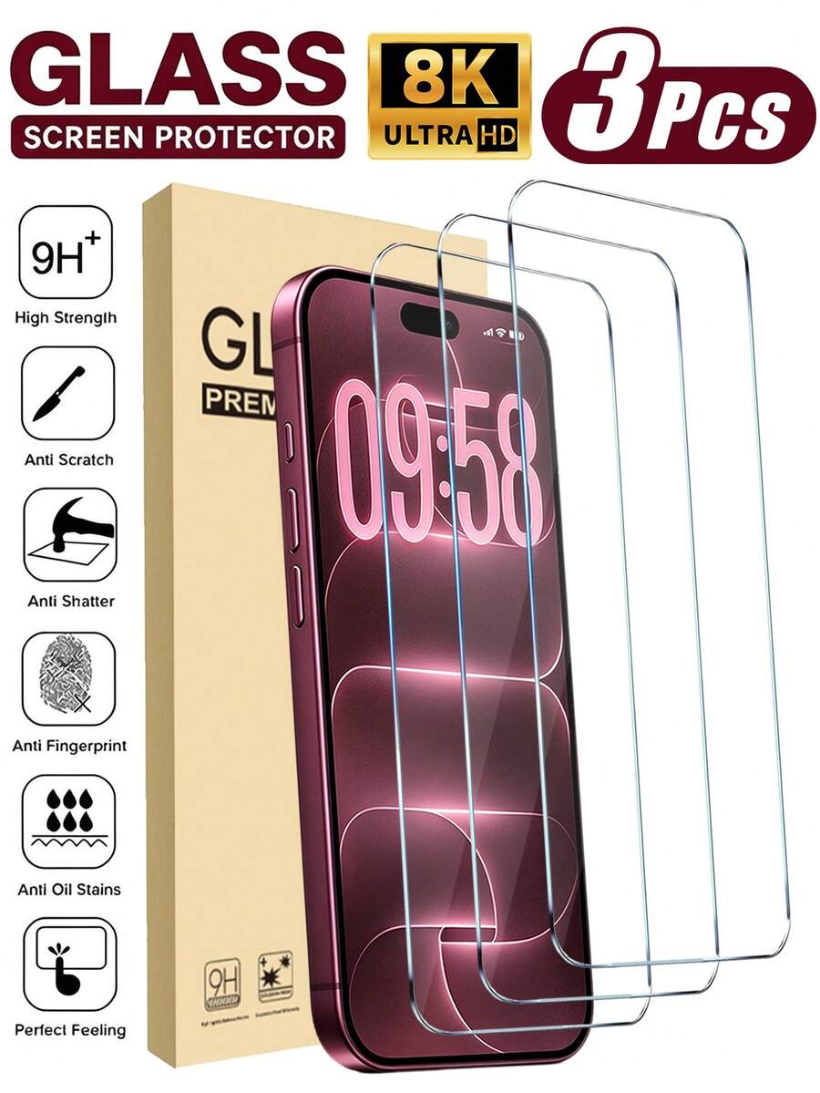 3pcs [2026 New] 9H Tempered Glass Screen Protector, Compatible With IPhone 18 Pro Max/18 Pro/Duo/17 Pro Max/17 Pro/17 Air/17/16 Pro Max/16 Pro/16 Plus/16/15 Pro Max/15/14/13/12/11, Full Coverage, High Definition Transparent, Anti-Scratch, Anti-Fingerprint, Anti-Shatter, Bubble-Free, Easy Installation, Compatible With Phone Cases, Suitable As Birthday Gift For Friends And Family