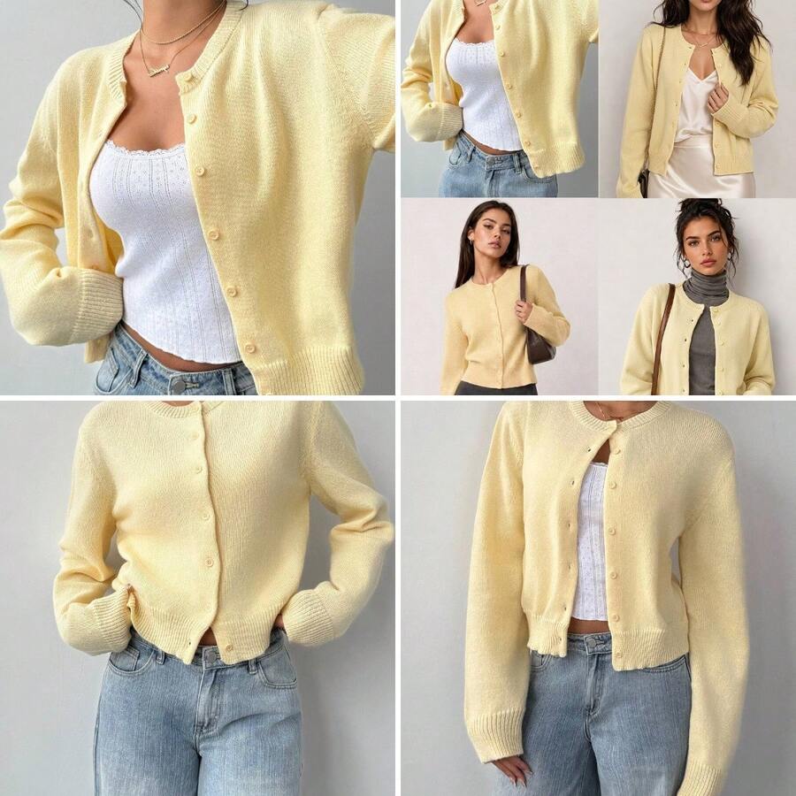 BASICS Casual Basic Solid Color Round Neck Long Sleeve Loose Cropped ...