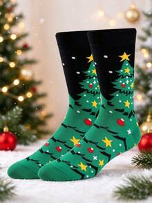 1/3 Pairs Men's Mid-Calf Christmas Tree Jacquard Socks, Colorful Fun Creative Personalized Christmas Gift Socks - Multicolor - View 1