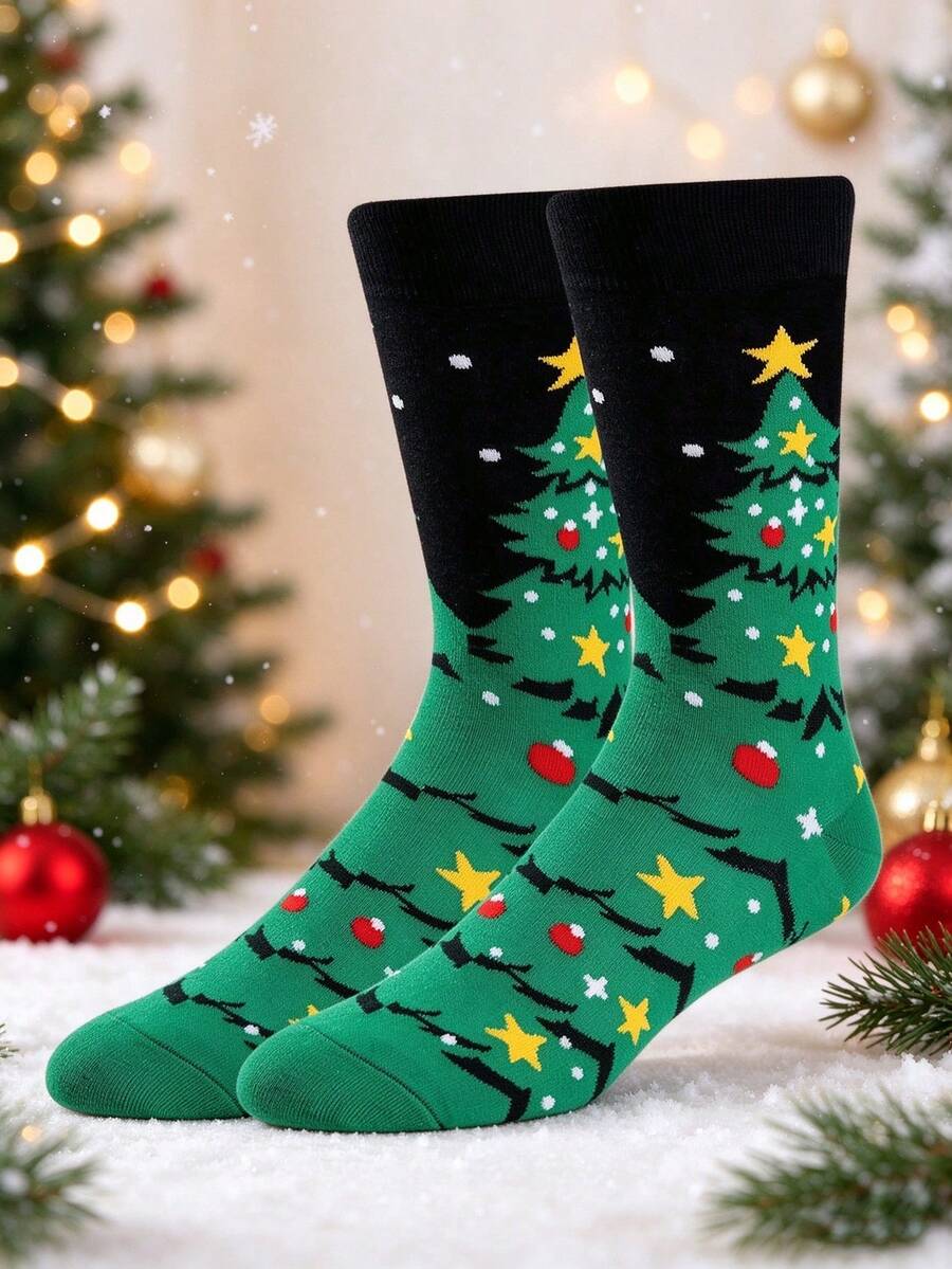 1/3 Pairs Men's Mid-Calf Christmas Tree Jacquard Socks, Colorful Fun Creative Personalized Christmas Gift Socks - Multicolor - View 1