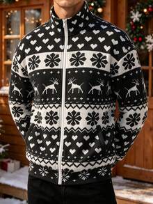 Men's Autumn/Winter Christmas Vintage Snowflake & Deer All-Over Print Zip-Up Jacket - Multicolor - View 4