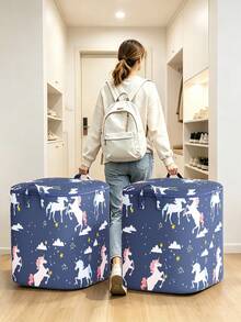 1PC Large-Capacity Unicorn Print Storage Bag, Foldable Fabric Storage Box, Dual Metal Zippers + Reinforced Handles, Foldable Organizer Bag For Clothes, Blankets, And Bedding, Suitable For Home Bedroom, Wardrobe, Moving, And College Dormitory Storage - Multicolor - View 5