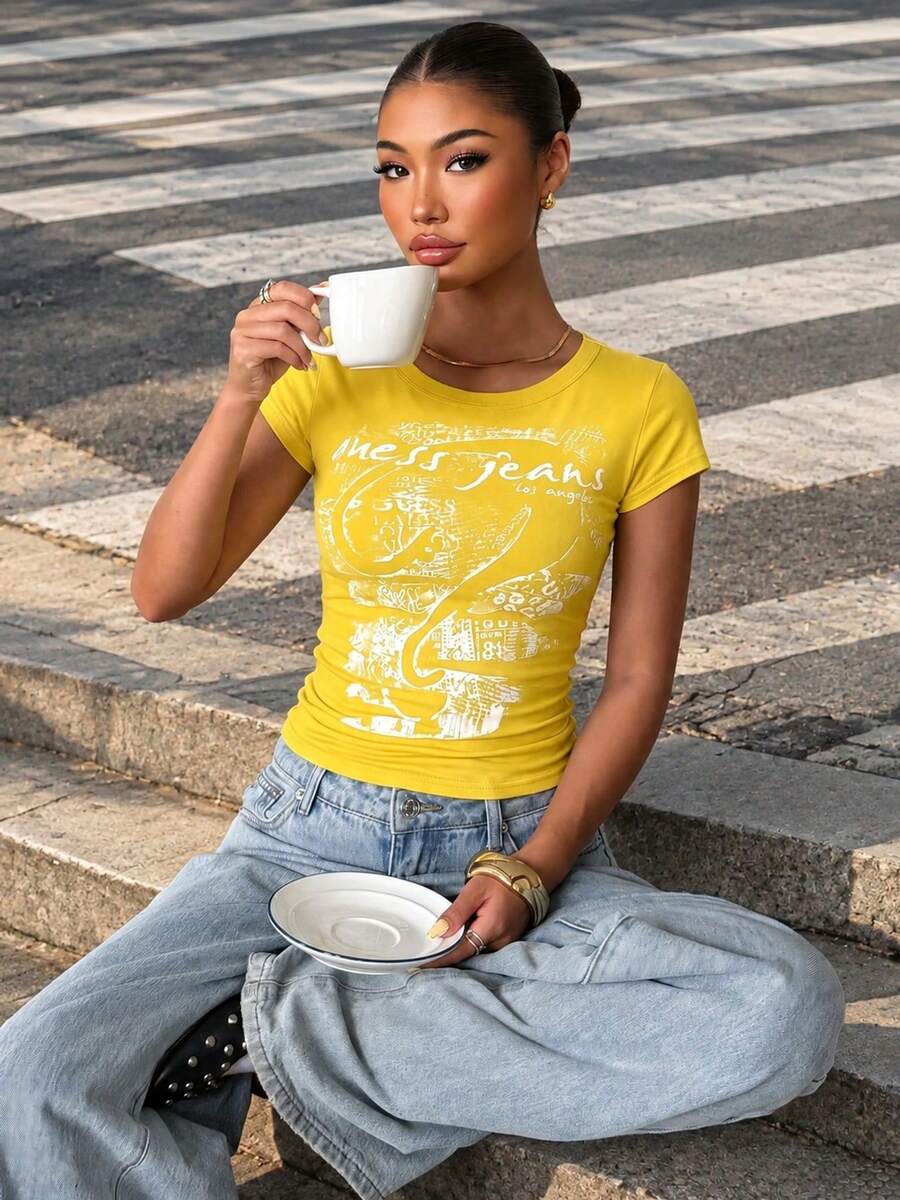 Women's Fashionable Y2K English Print Pattern Knit Fabric T-Shirt, Streetwear Daily Wear, Spring/Summer Casual - Yellow - View 1