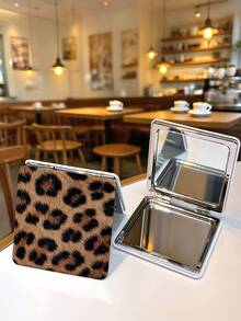 1pc Leopard Print Pocket Mirror, Portable Folding Double-Sided Makeup Mirror, Flip Cover Design Compact Mirror, Shatterproof Small Hand Mirror, Suitable For Student Dorm, Travel, Daily Makeup, Cute Mini Handheld Mirror - Multicolor - View 4