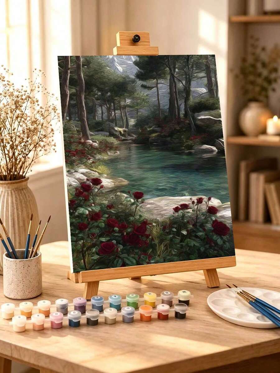 DIY Red Roses By Scenic Mountain River (Frameless Or Framed 8x12 / 16x20 Inches) Paint By Numbers Kit(Acrylic) Arts & Crafts For Adult Beginners, Home Wall Decor, And Creative Holiday Gifts For Interior Decor - Sets - View 1