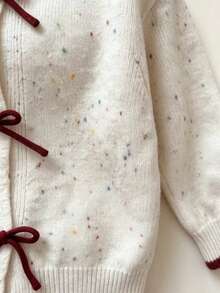 Girls' Colorful Dot Knit Cardigan, Round Neck Long Sleeve Bow Decor Front Button Sweater Jacket, Sweet Contrast Trim Knit Outerwear, Suitable For Autumn/Winter Daily School Wear - Apricot - View 7
