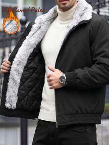 Vancamel Pulse Men's Winter Fashion Solid Color Fur Collar Diamond Quilted Thick Jacket, Zipper Stand Collar Design, Sports Outdoor Top - Black - View 2