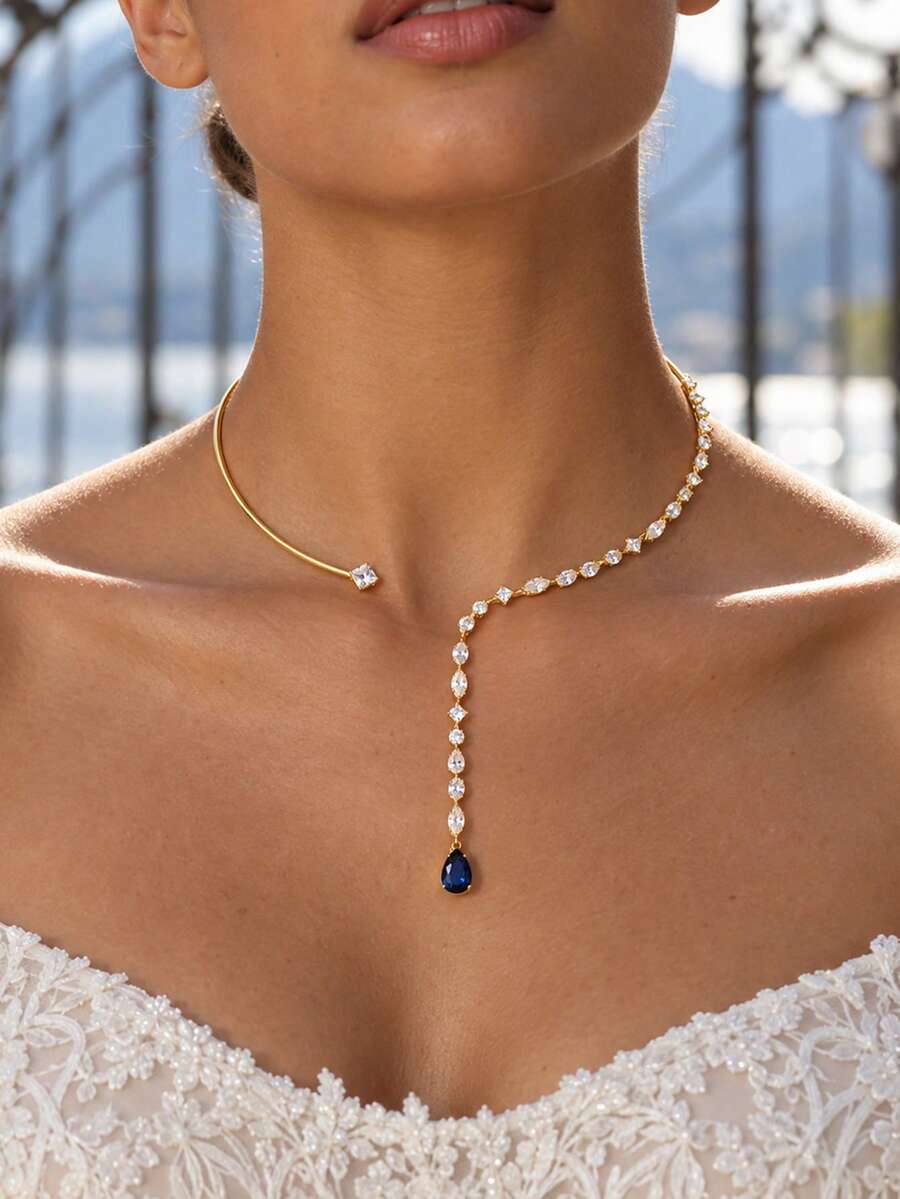 1 pieza Collar de cuello abierto, con forma de Y asimétrica con colgante de zafiro azul y cristal blanco, accesorio de cuello llamativo para boda nupcial - diamantes de imitación - Ver 1