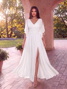 EVERPRETTY Elegant Off-Shoulder Ruffle Sleeve V-Neck High Waist Fitted Chiffon White Bridesmaid Dress, Suitable For Wedding, Vacation And Graduation Ceremony Summer Wedding Guest Dress - White - View 1