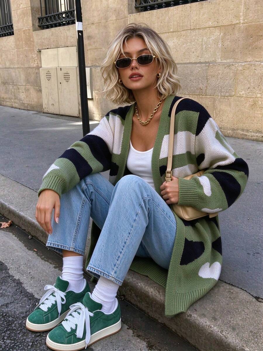 Women's Fall/Winter V-Neck Contrast Color Camo Pattern Jacquard Long Sleeve Loose Daily Versatile Mid-Length Knit Cardigan - Green - View 1