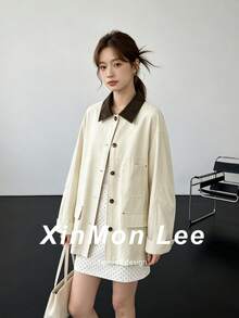 韓式拼接領農場夾克，春季新款寬鬆顯瘦極簡優雅休閒外套上衣，適合旅行與度假 - 杏色 - 查看 1