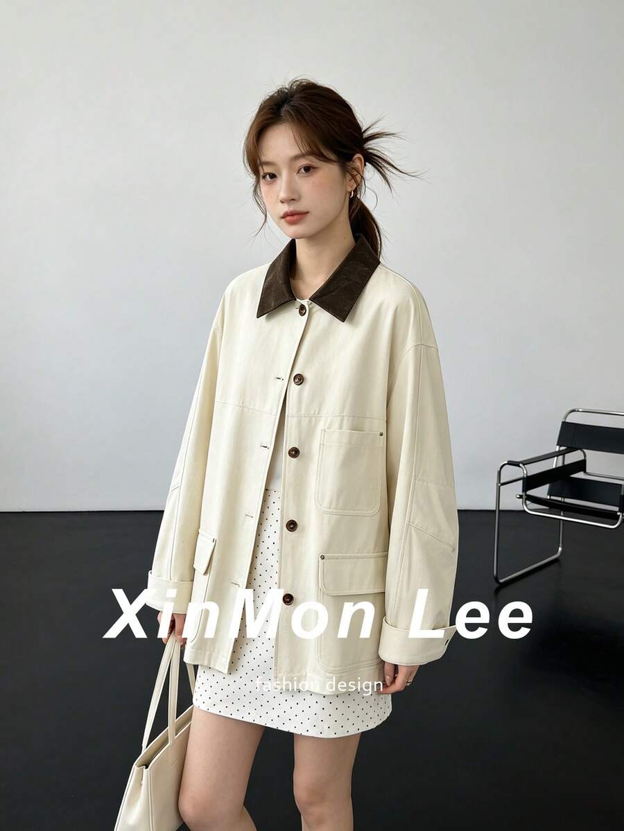 韓式拼接領農場夾克,春季新款寬鬆顯瘦極簡優雅休閒外套上衣,適合旅行與度假 - 杏色 - 查看 1