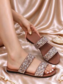 New Rhinestone Slip-On Slippers, Versatile Casual Open Toe Outdoor Wear Women's Sandals, Soft Sole Beach Shoes, Fairy Style Gold Sparkling Slippers, Silver Slippers, Brown Slippers, Champagne Slippers - Brown - View 1