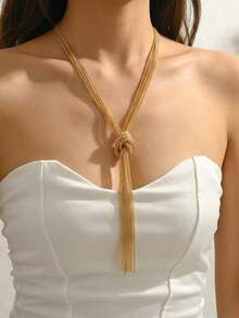1pc New Y-Shaped Necklace For Women, Fashion Minimalist Metal Snake Bone Chain Multi-Layer Tassel Knot Asymmetrical Long Sweater Chain, Versatile Daily Accessory - Golden - View 4