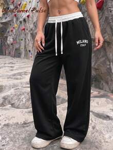 Vancamel Pulse Celana Jogging Wanita Model Colorblock dengan Potongan Lebar, Pinggang Elastis dan Tali Serut, Celana Panjang Kasual Longgar dengan Potongan Lurus - Hitam - View 2