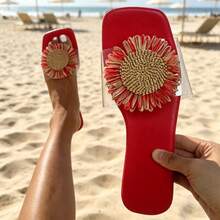 2026 Summer New Women's Red Insole Transparent Strap Sunflower Decor Flat Slip-On Sandals, Casual Versatile Square Toe Open Toe Slides, Suitable For Beach Vacation, Indoor/Outdoor Wear, Daily Matching - Red - View 7