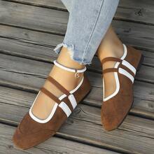 Women's Colorblock Double Strap Square Toe Low-Top Mary Jane Flats, Casual Daily Commute, Spring/Autumn, Brown & White Suede Ballet Shoes - Brown - View 8