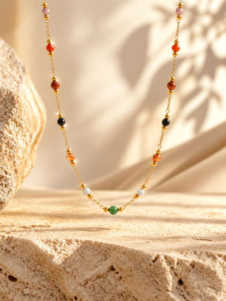 1pc Fashion Minimalist Asymmetrical Colorful Beaded Stainless Steel Necklace For Men, Suitable For Daily Wear - Yellow Gold - View 1