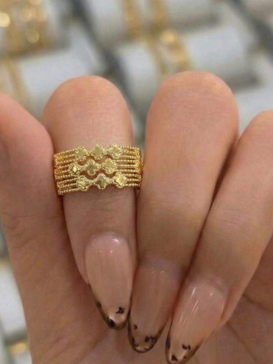 3pcs/Set 21K Gold Plated Rings, Rust-Resistant Gold Alternative, Beaded Clover Pattern Stackable Rings Women's Jewelry - 02 - View 1