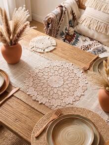 1/2/4/6pcs Ditsy Floral Embroidered Solid Color Round Placemats, Bohemian Style Kitchen Decor, Dining Table Mats, Coasters For Cups/Bowls/Plates, Non-Slip, Suitable For Holidays, Parties, Birthdays, Weddings, Dinners, Offices, Coffee Tables, Home Decor, All Seasons - Champagne - View 5