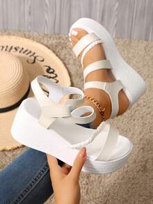 Women's Woven Strap Thick Sole Wedge Sandals, Hook & Loop Open Toe Summer Beach Versatile Sandals - White - View 1