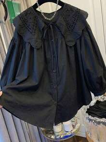 ii Peter Pan Collar Sweet Loose Long Sleeve Versatile Blouse Top For Women Spring Black - Black - View 3