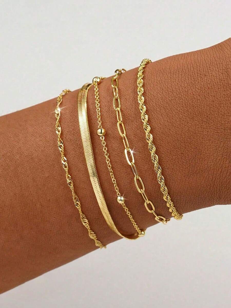 Set de 5 piezas de pulseras elegantes y de moda de metal - Dorado - Ver 1