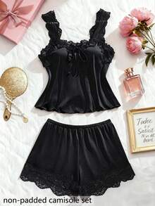 2pcs Women Sexy Lace Trim Ruffle Blouse And Lace Panel Panty Comfortable Sleepwear Lingerie Set - Black - View 4