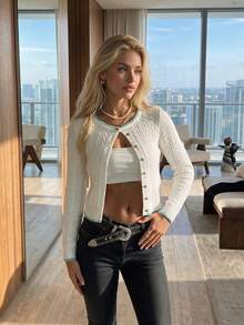 Aflion Women's Fall Winter Elegant White Cable Knit Cropped Cardigan, Contrast Trim Round Neck Long Sleeve Button Top For Date, Hangout, Weekend, Shopping - White - View 8