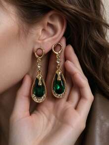 1 Pair Fashionable Personalized Long Elegant Rhinestone Glass Earrings, Suitable For Wedding, Party And Gift - Purple - View 3