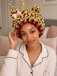 Leopard Print Plush 3D Cat Ear Bow Headband Cap, Quick-Drying Soft Sleep Cap, Suitable For Daily Nighttime Hair Care - Multicolor - View 11