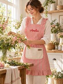 1PC Personalized Custom Embroidered Ruffle Apron, Striped Cooking Bib With Patch Pocket And Back Tie, Custom Name Kitchen Wear For Baking Crafting Gardening Housework, Memorable Holiday Gift For Family - Multicolor - View 6