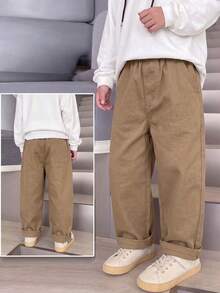 4-7 Years Old Boys Minimalist Straight Leg Casual Pants, Elastic Waistband, Pockets, Loose Fit Long Pants - Khaki - View 7