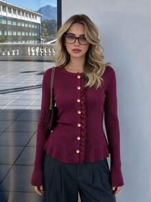 Women's Burgundy Ribbed Knit Cardigan, Round Neck Rufle Placket Gold Button Long Sleeve Peplum Sweater - Burgundy - View 4