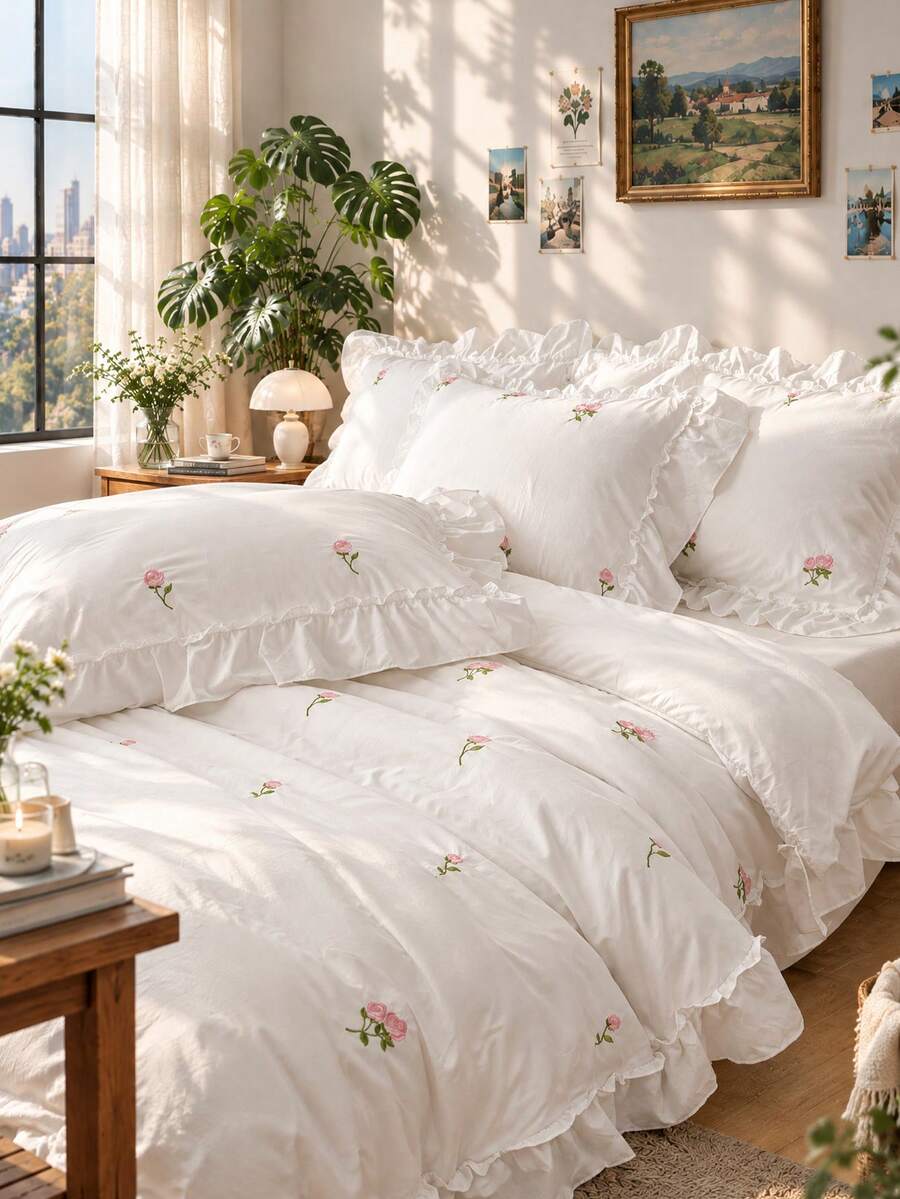 2/3pcs Elegant Rose Embroidery Bedding Set, With Ruffle Trim, Includes Duvet Cover And Pillowcase(S), Without Filler (1 Duvet Cover And 1/2 Pillowcase(S)) - White - View 1