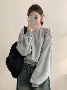 YCYC Spring/Autumn Solid Color Long Sleeve Off-Shoulder Pullover T-Shirt - Grey - View 1