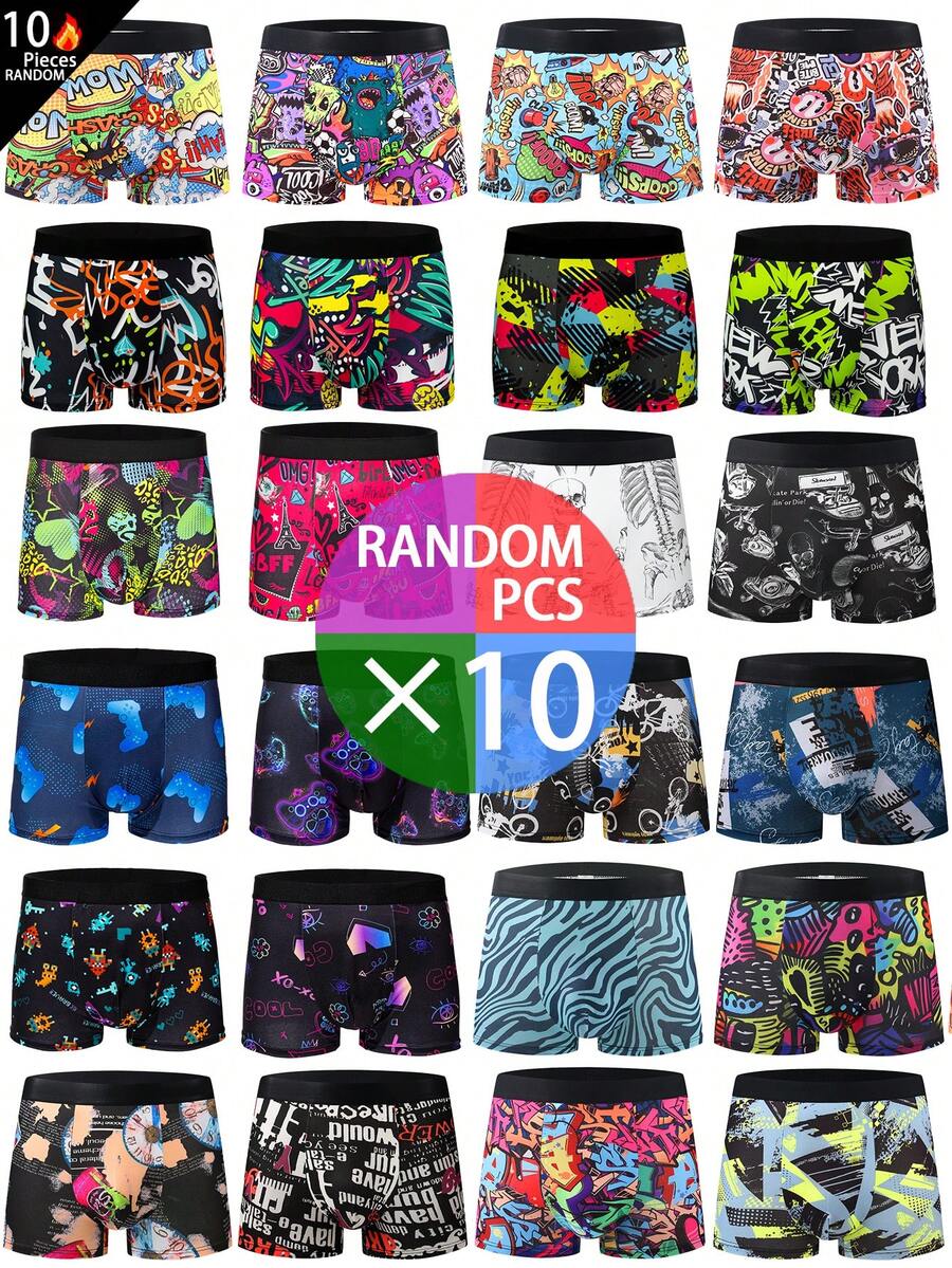 10pcs/Pack Random Pattern Men's Underwear - Comfortable Boxer Briefs, Suitable For Casual And Sports Wear, Surprise Random Patterns - Multicolor - View 1