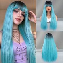 Blue Long Straight Wig With Bangs, Dark Roots, Synthetic Heat-Resistant Fiber Hair Halloween Costume Wig For Cosplay, Festival Party, Daily, Fashion Wig Accessories 24 Inch - Multicolor - View 13