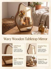 1pc Walnut Color Asymmetrical Desktop Vanity Mirror, Clear Imaging, Wavy Wood Grain Frame, Elegant Bedroom And Dressing Table Decor, Christmas, Birthday And Housewarming Gift - Multicolor - View 8