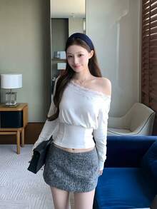 Women's White Long Sleeve Knitted Sexy Asymmetric Shoulder Ruched Waist Lace Patchwork Top - White - View 2