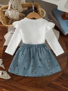 2pcs Set Baju Bayi Perempuan Gaya Mori Lucu Gaya Akademi dengan Atasan Lengan Bergelombang Pita 3D & Rok Bermotif, Tipis untuk Musim Semi/Musim Gugur - Dusty Blue - View 2
