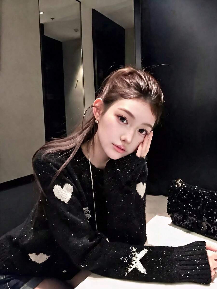 Korean Style Sweet Cute Snowflake Star Heart Jacquard Long Sleeve Knit Sweater Women Autumn Winter Loose Round Neck Thick Pullover Top, Winter Christmas Snowy Day Outfit - Black - View 1