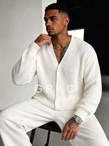 GRKC Men's Long Sleeve V-Neck Knit Cardigan With Button Front Closure, Casual Knit Jacket For Daily Wear, Autumn/Winter - Beige - View 1
