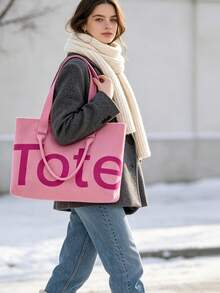 Autumn/Winter Tote Bag With Letter Design, Double Handles, Large Capacity Shoulder Bag, Buckle Knit Fashion Tote Bag, Handbag For Fitness, Suitable For Daily Matching, Commuting, Shopping, Holiday Gift - Multicolor - View 6