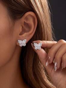 1 Pair Exquisite Hollow Rhinestone Butterfly Earrings, Women's Jewelry, Elegant Jewelry Gift, Party Gift, Birthday Gift, Date Essential - Hollow Diamond Butterfly Earrings - View 2