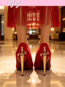XfxfA Women's Fashion High Heels With Shiny Metallic Stiletto Heel, Suitable For Date/Party/Gathering/Wedding - Red - View 1