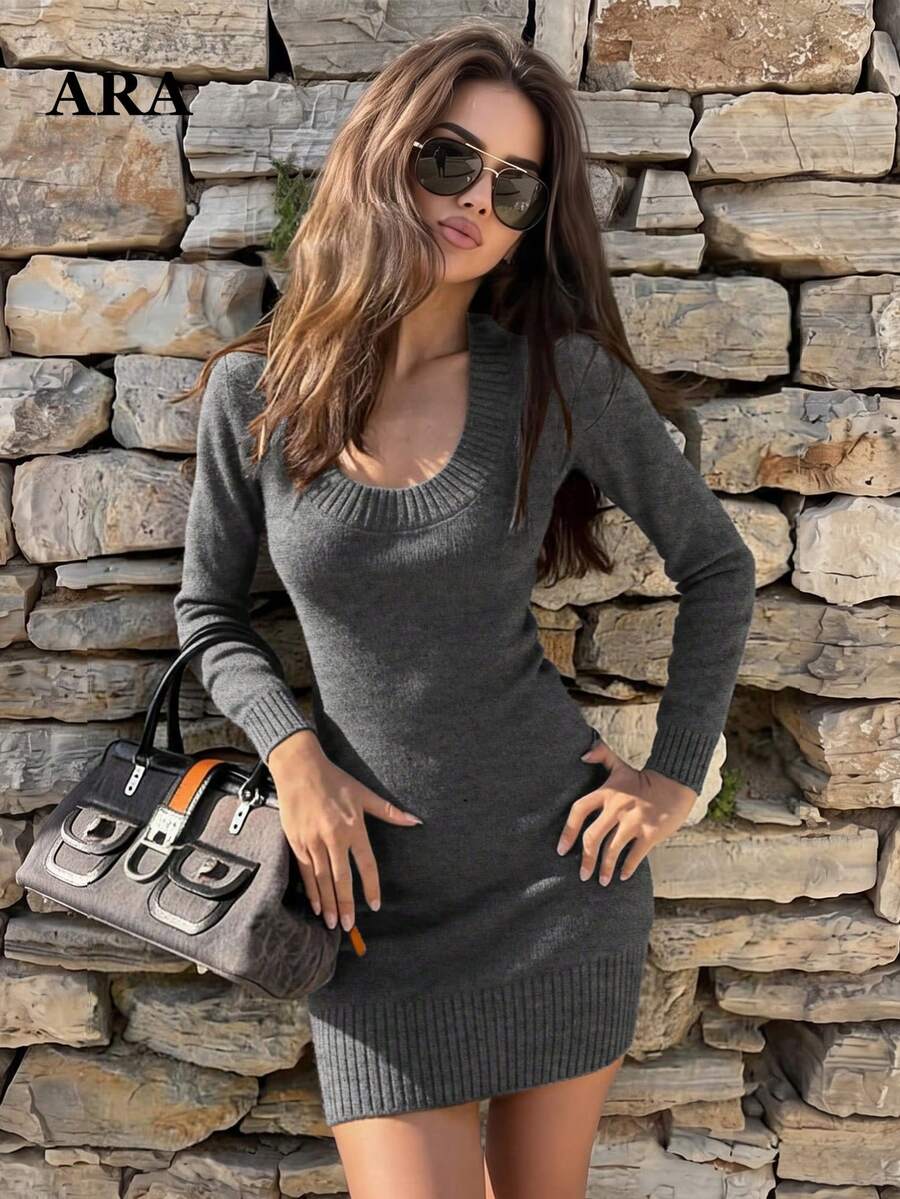 ARA CHIC 女款時尚灰色秋季羅紋圓領針織迷你洋裝，長袖修身毛衣洋裝，適合派對、日常穿著