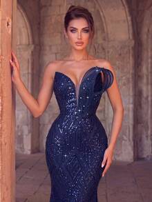 Women's Romantic Strapless Sequin Long Dress, Embellished With Exquisite Pearl And Rhinestone Details, Suitable For Elegant Evening Parties And Balls - Royal Blue - View 3